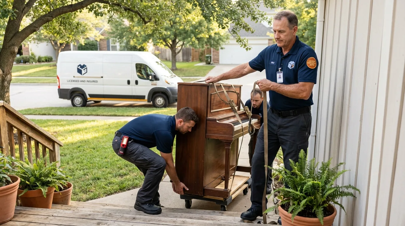 Licensed piano movers securing grand piano in Crab Orchard, WV