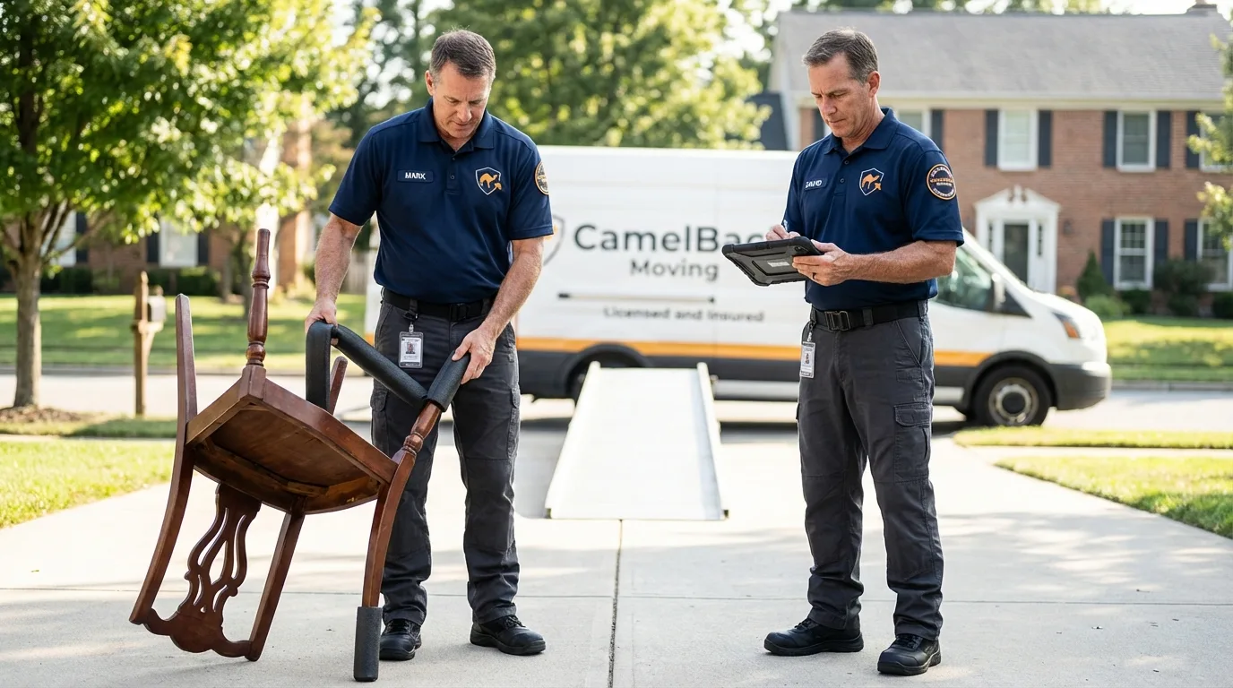 Movers inspecting furniture for damage prevention before loading in Crab Orchard, WV