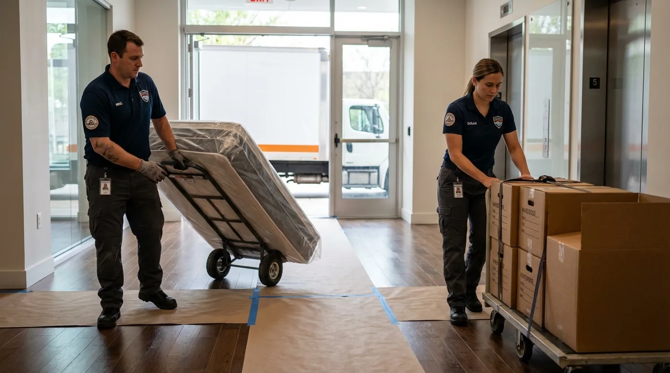 Professional apartment movers loading elevator in Crab Orchard, WV
