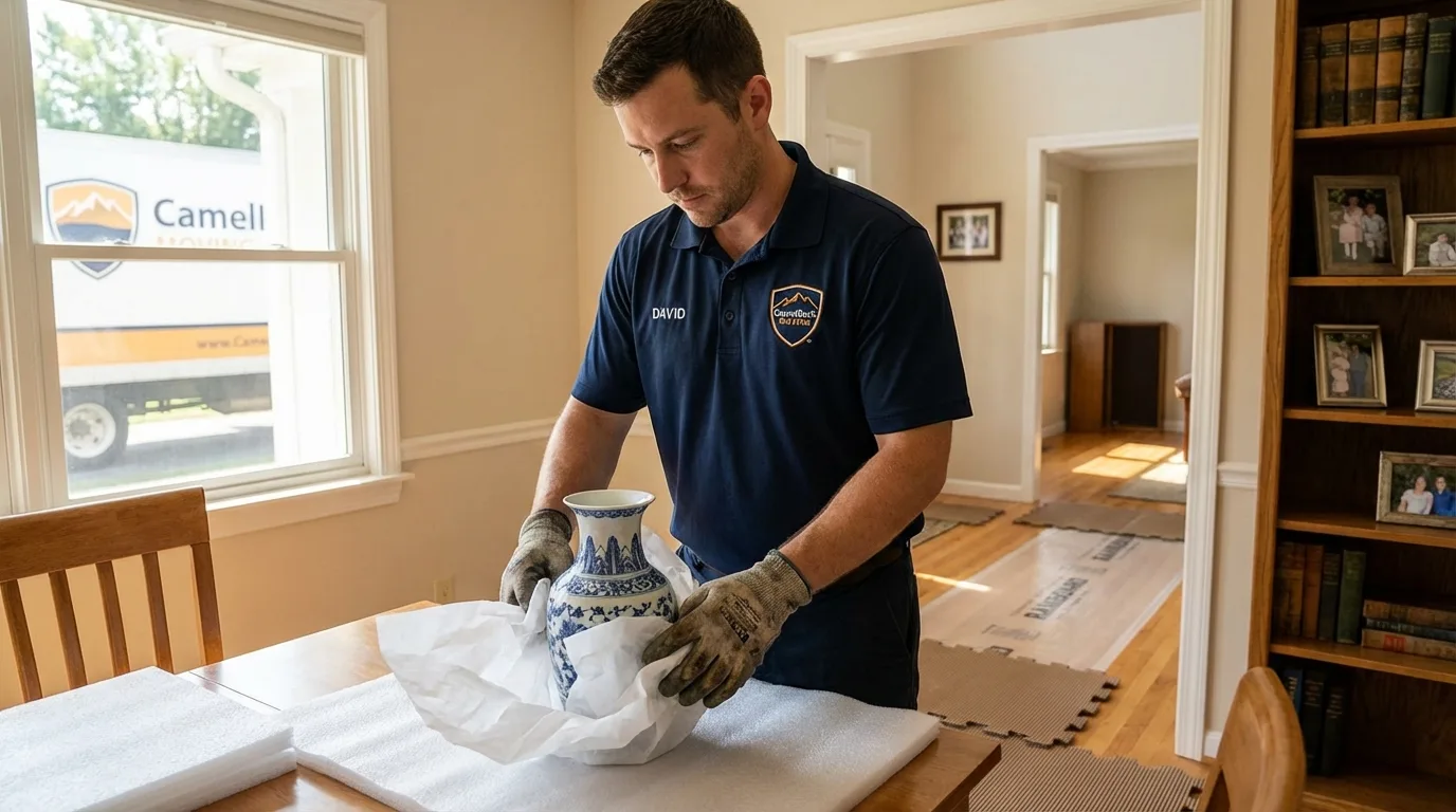 Professional crew carefully wrapping antique vase for senior downsizing move in Crab Orchard, WV